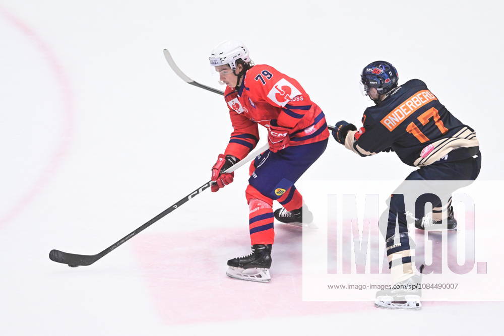 Ice hockey, Eishockey Champions League match: HC Dynamo Pardubice vs Vaxjo Lakers Hockey Club in Pardubice, Czech Republic, October 13, 2026. From left Miguel Tourigny of Pardubice and Morgan Anderberg of Vaxjo. (CTKxPhoto JosefxVostarek) CTKPhotoP2026101307668 CTKPhotoP2026101307668