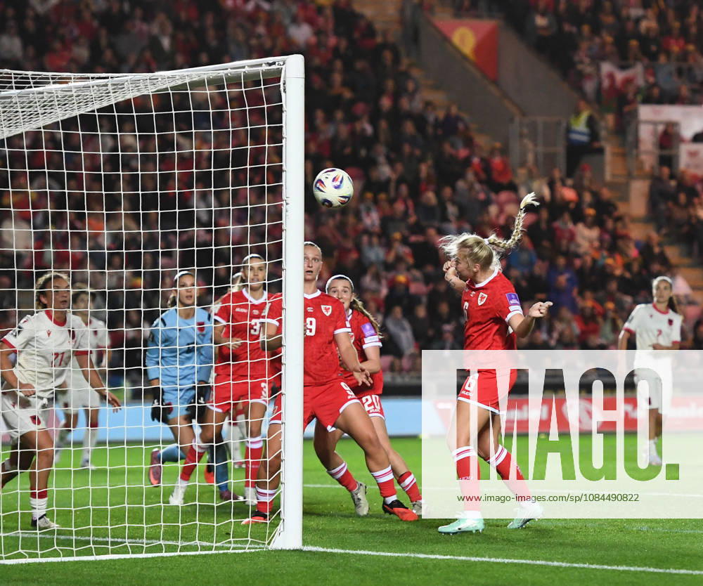 Llanelli, Wales, October 13th 2026 Mayzee Davies of Wales scores her sides first goal during the 2027 FIFA Women s World Cup - WEQ Play-offs Round 1 - between Wales and Albania on 13th Oct 2026 at Parc Y Scarlets (Photo by Jeff Thomas Sports Press Photo)