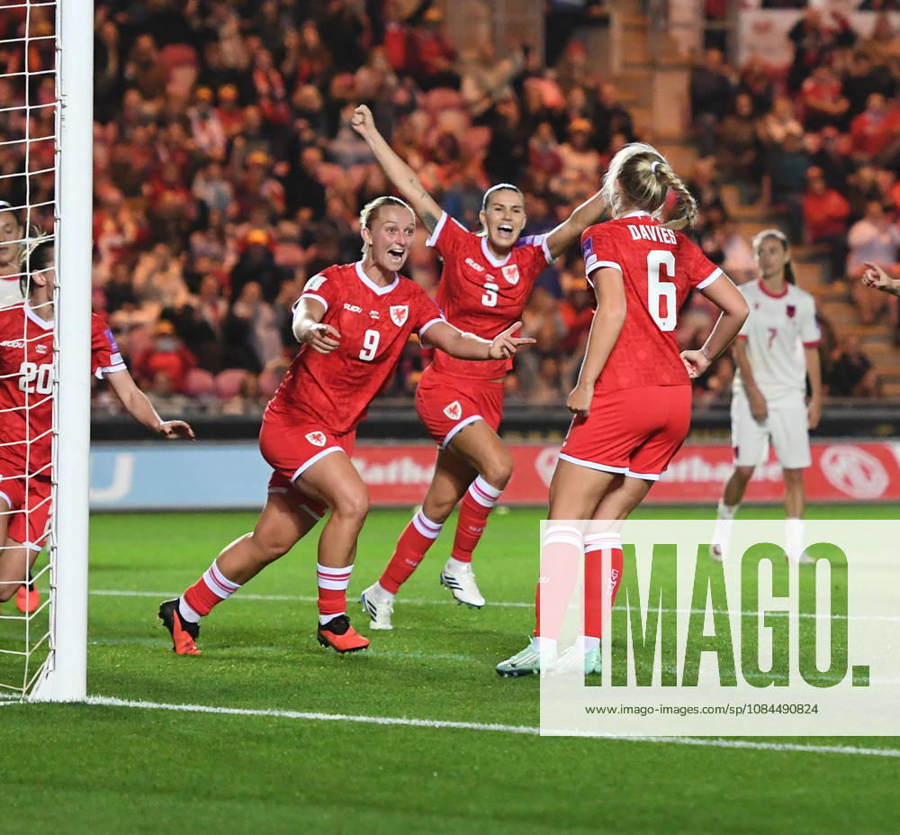 Llanelli, Wales, October 13th 2026 Mayzee Davies of Wales celebrates with her team after scoring her sides first goal during the 2027 FIFA Women s World Cup - WEQ Play-offs Round 1 - between Wales and Albania on 13th Oct 2026 at Parc Y Scarlets (Photo by Jeff Thomas Sports Press Photo)