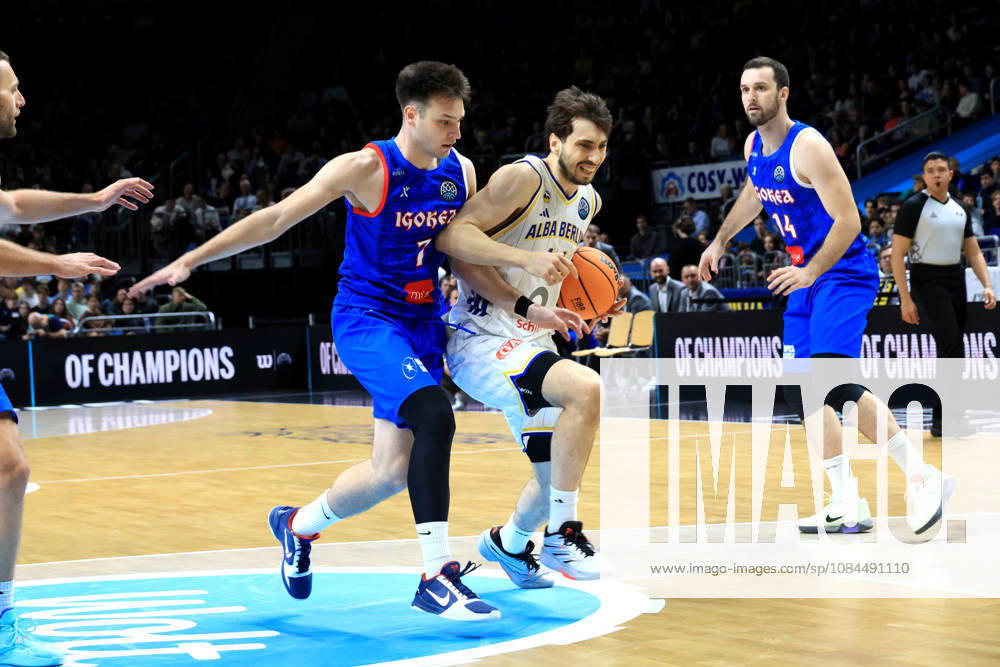 Germany, GER, DEU, Basketball, Champions League (BCL), Day 1, 2026–2027 Season, Berlin, ALBA Berlin vs. Igokea, JONAS MATTISSECK (ALBA Berlin 9), Uros Paunovic (Igokea 7), Petar Kovacevic (Igokea 14), nordphoto GmbH, Engler Berlin, Uber Arena Berlin, Germany