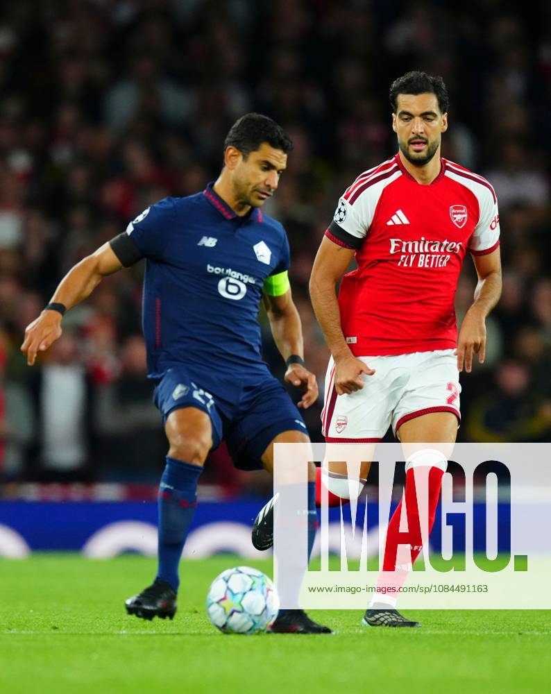 Benjamin Andre of Lille and Mikel Merino of Arsenal Arsenal v Lille, UEFA Champions League, Football, Emirates Stadium, London, UK - 13 Oct 2026London Emirates Stadium United Kingdom