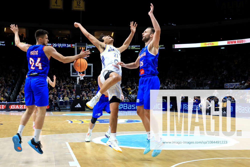 Germany, GER, DEU, Basketball, Champions League (BCL), Day 1, 2026–2027 Season, Berlin, ALBA Berlin vs. Igokea, BRANDON ANGEL (ALBA Berlin) 21, Djordje Topolovic (Igokea) 15, Armin Hrstic (Igokea) 24, nordphoto GmbH, Engler, Berlin, Uber Arena, Berlin, Germany