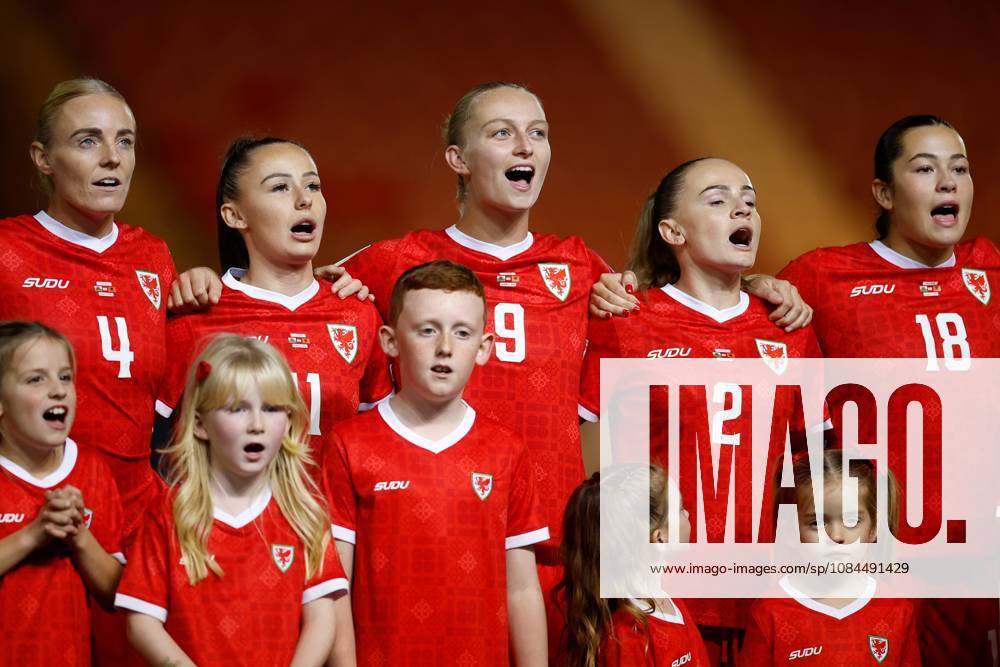 Sophie Ingle of Wales Women, Hannah Cain of Wales Women, Elise Hughes of Wales Women, lily Woodham of Wales Women and Scarlett Hill of Wales Women sing the national anthem ahead of kick off Wales Women v Albania Women, Women s European World Cup Qualifier, Football, Park y Scarlets, Llanelli, UK - 13 Oct 2026Llanelli Park y Scarlets United Kingdom