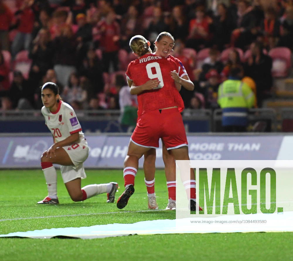 Llanelli, Wales, October 13th 2026 Elise Hughes of Wales celebrates with her team after scoring her sides 2nd goal during the 2027 FIFA Women s World Cup - WEQ Play-offs Round 1 - between Wales and Albania on 13th Oct 2026 at Parc Y Scarlets (Photo by Jeff Thomas Sports Press Photo)