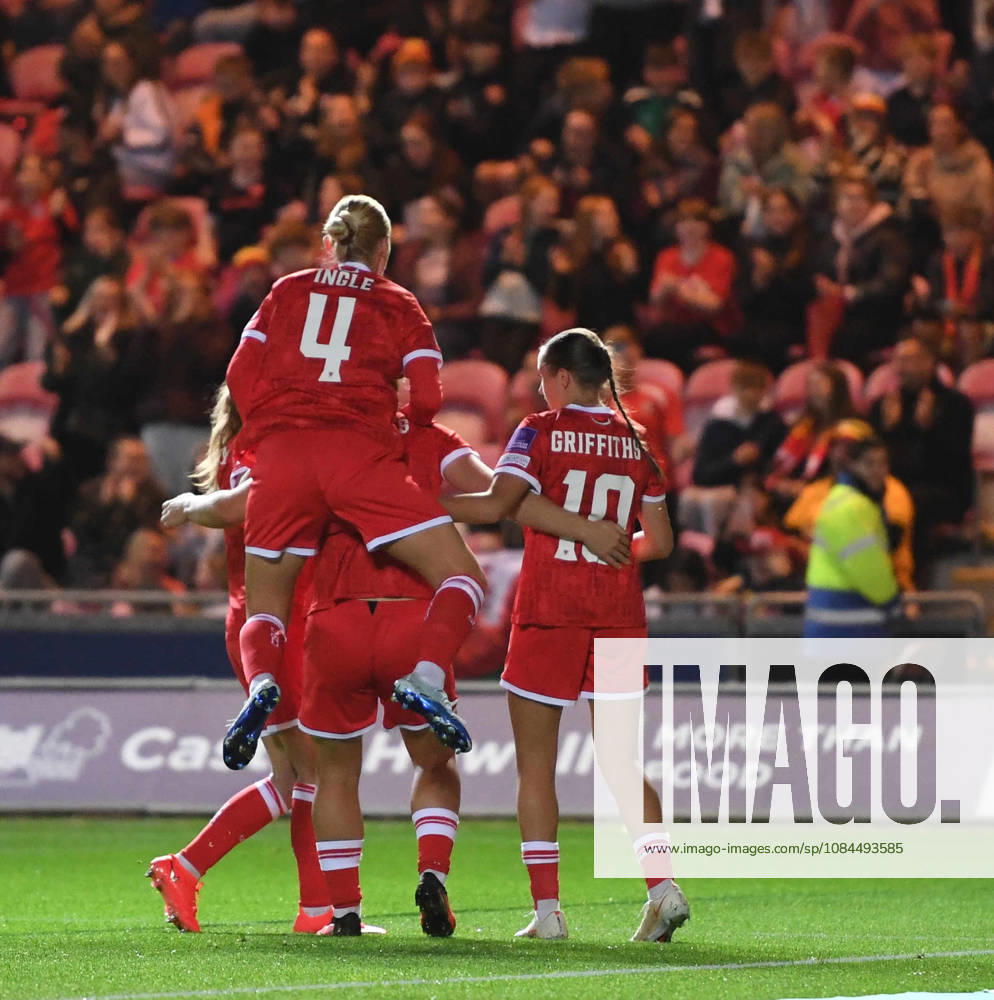 Llanelli, Wales, October 13th 2026 Elise Hughes of Wales celebrates with her team after scoring her sides 2nd goal during the 2027 FIFA Women s World Cup - WEQ Play-offs Round 1 - between Wales and Albania on 13th Oct 2026 at Parc Y Scarlets (Photo by Jeff Thomas Sports Press Photo)