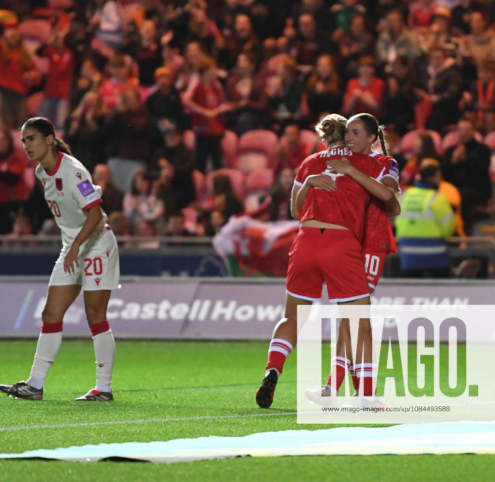 Llanelli, Wales, October 13th 2026 Elise Hughes of Wales celebrates with her team after scoring her sides 2nd goal during the 2027 FIFA Women s World Cup - WEQ Play-offs Round 1 - between Wales and Albania on 13th Oct 2026 at Parc Y Scarlets (Photo by Jeff Thomas Sports Press Photo)