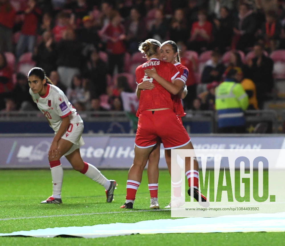 Llanelli, Wales, October 13th 2026 Elise Hughes of Wales celebrates with her team after scoring her sides 2nd goal during the 2027 FIFA Women s World Cup - WEQ Play-offs Round 1 - between Wales and Albania on 13th Oct 2026 at Parc Y Scarlets (Photo by Jeff Thomas Sports Press Photo)
