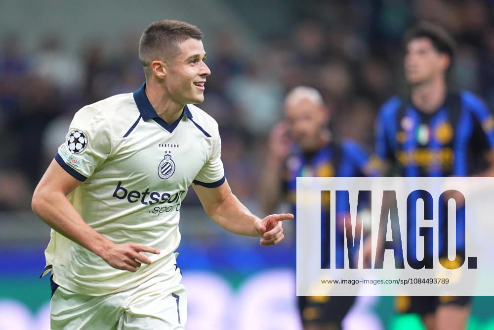 Brugge s Nicolo Tresoldi celebrates after scoring 0-1 during the Uefa Champions League soccer match between Inter and Club Brugge at San Siro Stadium in Milan , Italy - October 13 , 2026. - Soccer