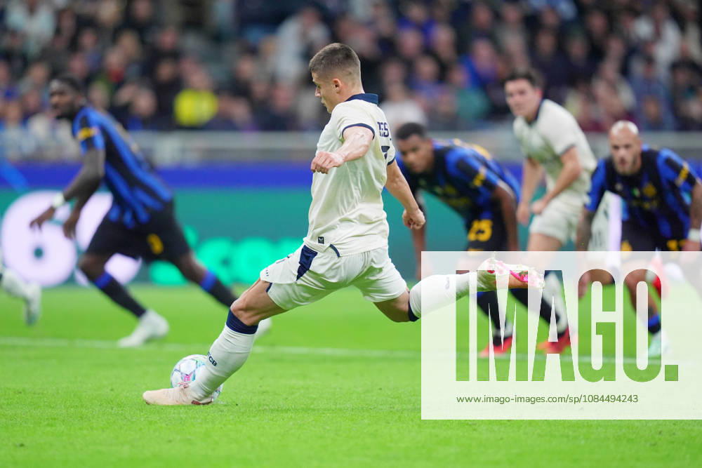 Brugge s Nicolo Tresoldi scores goal 0-1 during the Uefa Champions League soccer match between Inter and Club Brugge at San Siro Stadium in Milan , Italy - October 13 , 2026. - Soccer