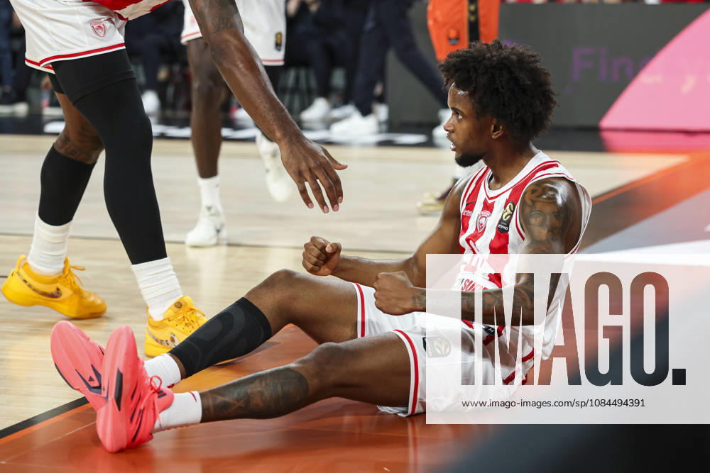 Jean Montero of Olympiacos Piraeus gestures during the Euroleague Basketball Regular Season Round 5 game between Valencia Basket and Olympiacos Piraeus Roster at Roig Arena on October 13, 2026 in Valencia, Spain. Valencia Basket V Olympiacos Piraeus Roster - Euroleague - ZUMAa181 20261013_zaa_a181_057