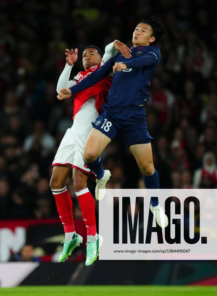 Gabriel Magalhaes of Arsenal and Ayase Ueda of Lille Arsenal v Lille, UEFA Champions League, Football, Emirates Stadium, London, UK - 13 Oct 2026London Emirates Stadium United Kingdom