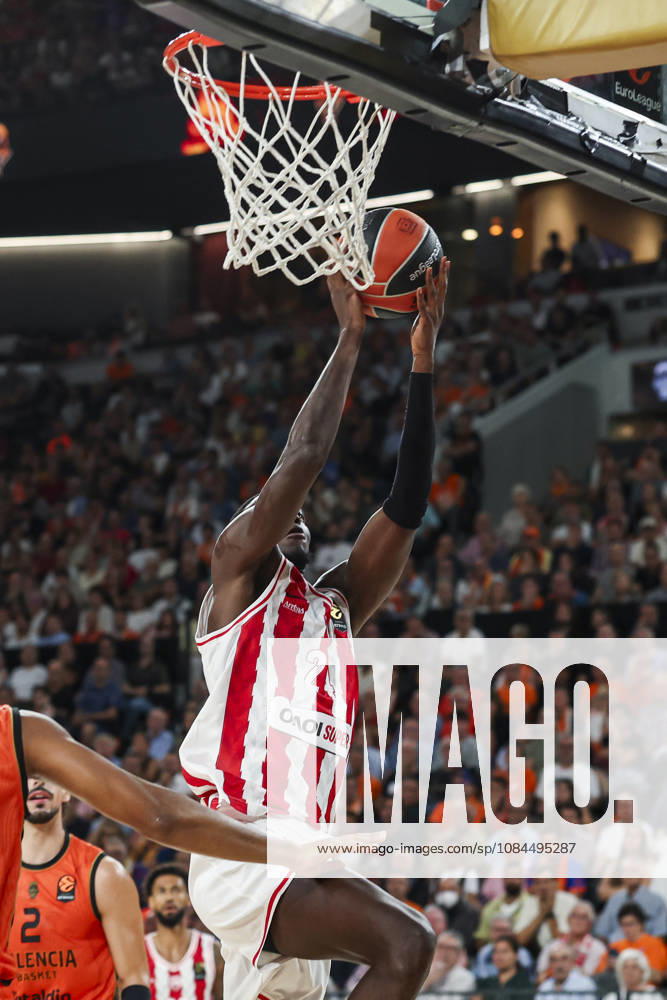 Mbaye Ndiaye of Olympiacos Piraeus in action during the Euroleague Basketball Regular Season Round 5 game between Valencia Basket and Olympiacos Piraeus Roster at Roig Arena on October 13, 2026 in Valencia, Spain. Valencia Spain - ZUMAa181 20261013_zaa_a181_064