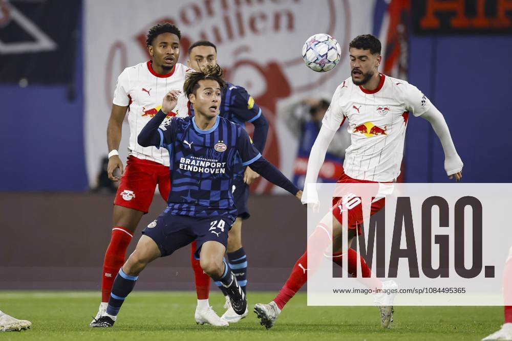 LEIPZIG - (lr) Christopher Nkunku of RB Leipzig, Kodai Sano of PSV Eindhoven and RÃ mulo Cardoso of RB Leipzig during the UEFA Champions League match between RB Leipzig and PSV Eindhoven at the RB Arena on 13 October 2026 in Leipzig, Germany. MAURICE VAN STEEN ANP ANPxSportx IVx 572352900 originalFilename: 572352900