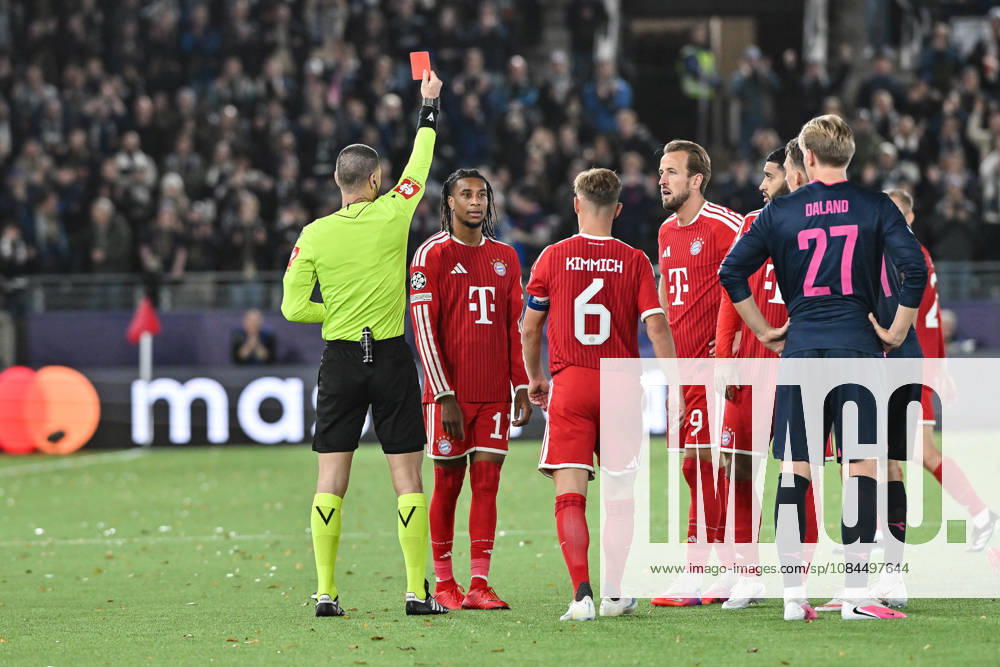 STAVANGER, NORWAY; 13. OCTOBER: Referee Georgi KABAKOV show Michael OLISE (FC Bayern Munich 17) the red Card during the Champions League Match between Viking FK vs. FC Bayern Munich at Matchday 2 at Lyse Arena Yellow - Red