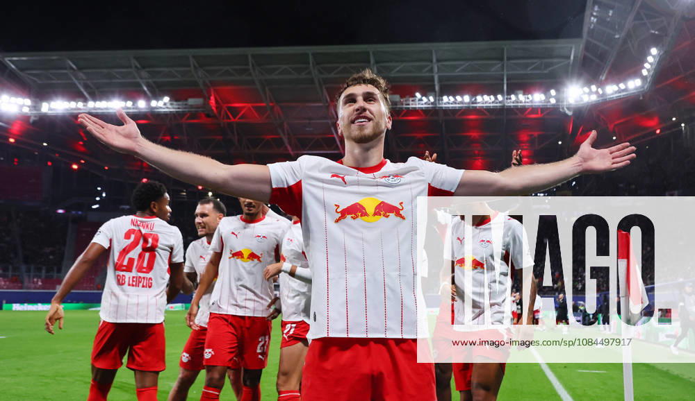 RB Leipzig vs. PSV Eindhoven, Champions League, Leipzig, October 13, 2026, Red Bull Arena, UEFA Champions League, RB Leipzig (GER) vs. PSV Eindhoven (NED), Goal for Leipzig, 1–0. Pictured: Goal scorer Brajan Gruda (10), RB Leipzig, goal celebration, Picture Point