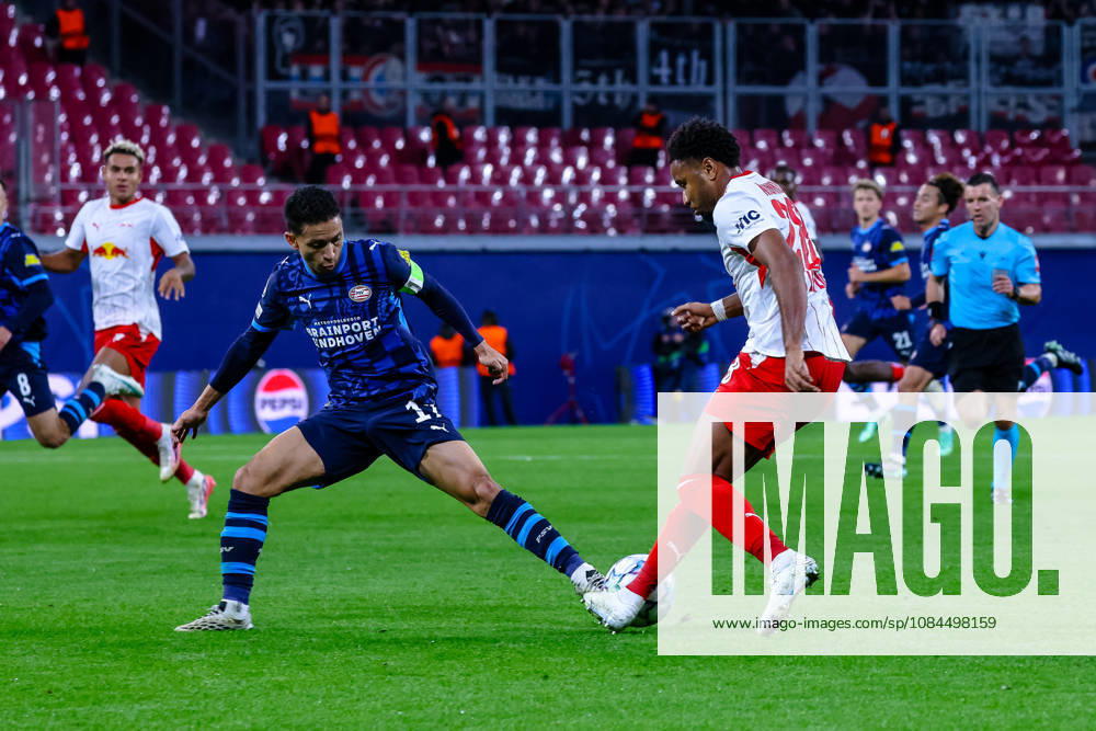 Mauro Junior (PSV Eindhoven), 17, tackle, duel, battle; Christopher Nkunku (RB Leipzig), 28, on the ball; GER, RB Leipzig vs. PSV Eindhoven, soccer, UEFA Champions League, Matchday 2, 2026–2027 season, October 13, 2026, GER, RB Leipzig vs. PSV Eindhoven, soccer, UEFA Champions League, Matchday 2, 2026–2027 season, October 13, 2026, Germany