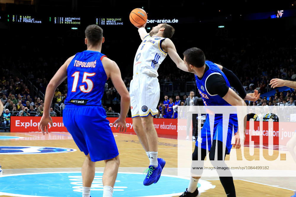 Germany, GER, DEU, Basketball, Champions League (BCL), Day 1, 2026–2027 Season, Berlin, ALBA Berlin vs. Igokea MALTE DELOW ALBA Berlin 6, Djordje Topolovic Igokea 15, Aleksandar Lazic Igokea 8 nordphoto GmbH Engler Berlin Uber Arena Berlin Germany