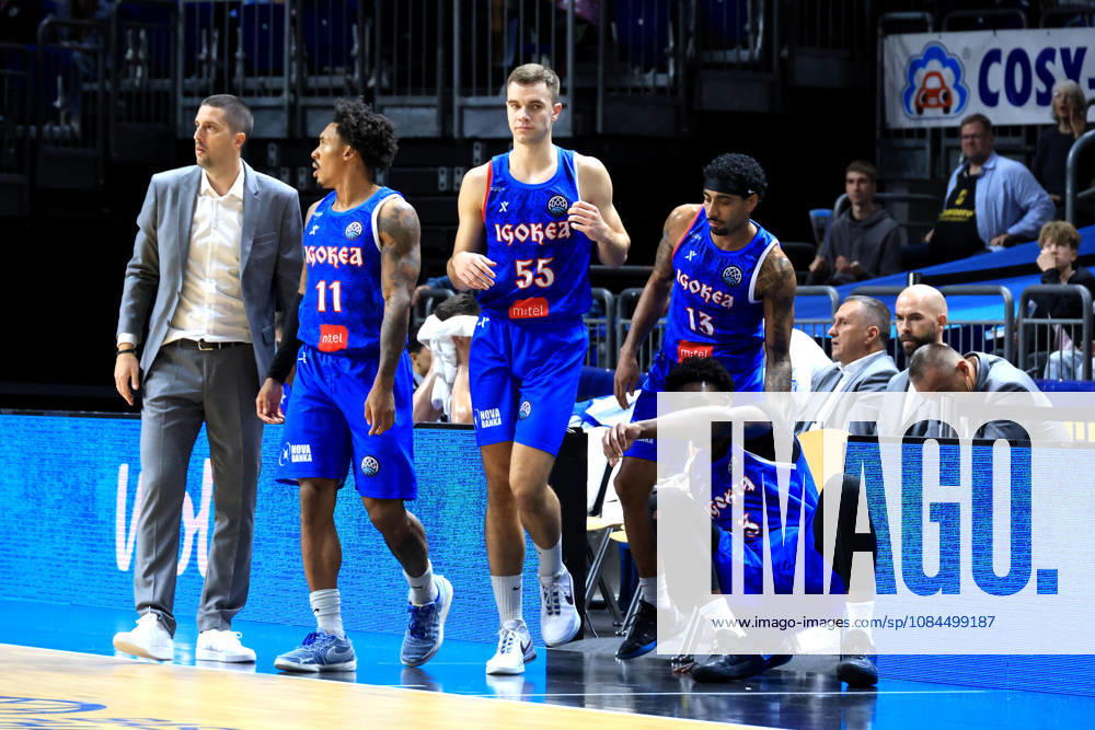 Germany, GER, DEU, Basketball, Champions League (BCL), Day 1, 2026–2027 Season, Berlin, ALBA Berlin vs. Igokea HEAD COACH Nenad Stefanovic (Igokea), Nate Pierre Louis, Igokea 11, Igokea players, Nikola Manojlovic, Igokea 55, Roman Penn, Igokea 13, Joel Armotrading, Igokea 3, nordphoto GmbH, Engler, Berlin, Uber Arena, Berlin, Germany