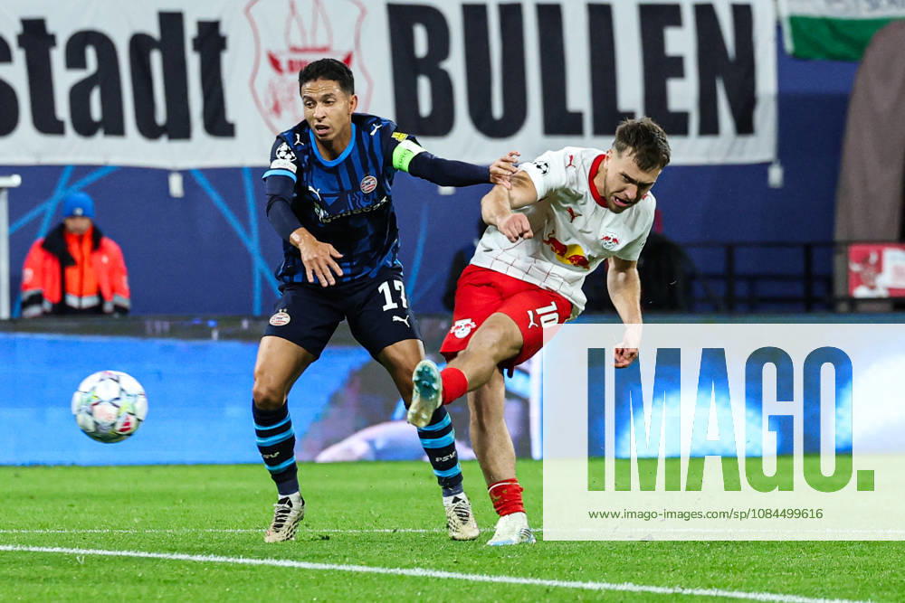 Goal scorer Brajan Gruda (RB Leipzig, 10) scores the 1-0 goal against Mauro Junior (PSV Eindhoven, 17) in the Champions League group stage of the 2026–2027 season. RB Leipzig vs. PSV Eindhoven league match at the Red Bull Arena in Leipzig. Action, soccer, Germany, man,Men