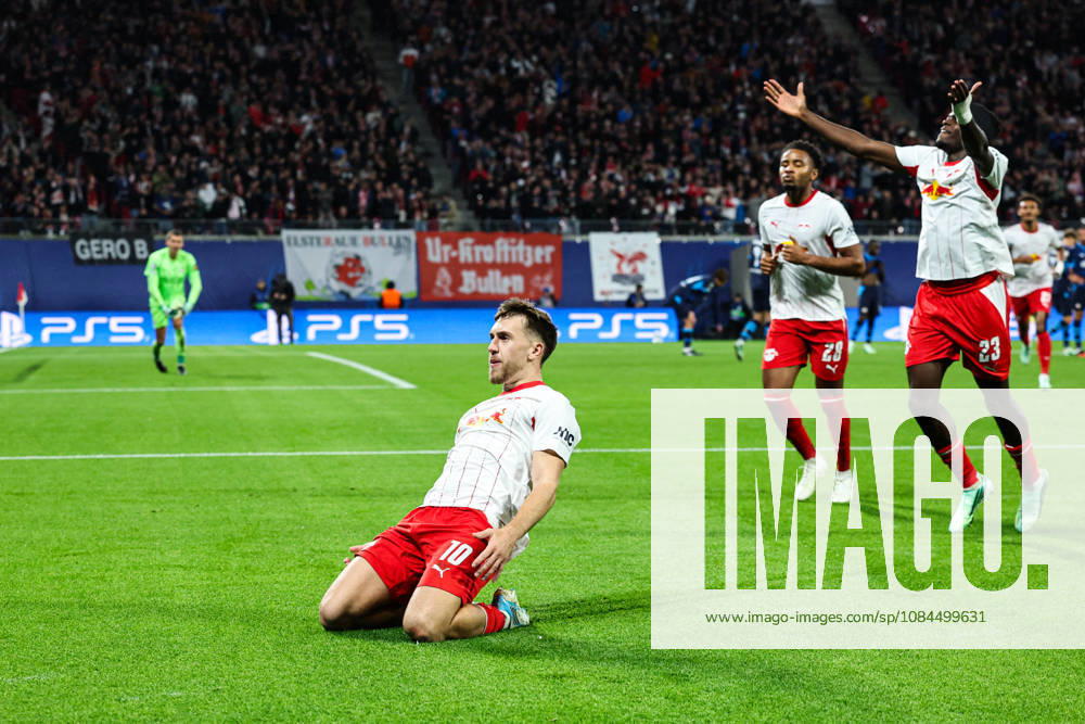 Goal celebration: Goal scorer Brajan Gruda of RB Leipzig, No. 10, scores the 1-0 goal in the Champions League group stage of the 2026-2027 season during the league match between RB Leipzig and PSV Eindhoven at the Red Bull Arena in Leipzig. Action, soccer, Germany, man,Men