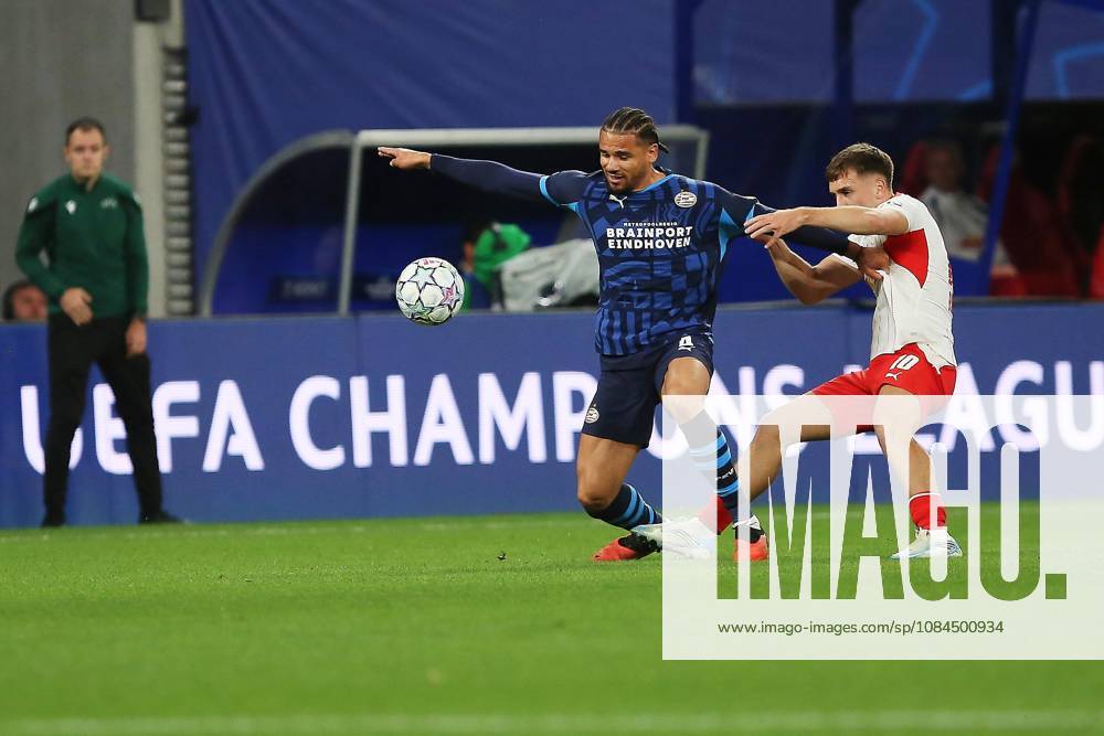 Leipzig, Saxony, Germany, October 13, 2026, Red Bull Arena, 2026-27 UEFA Champions League, RB Leipzig vs. PSV Eindhoven, Armando Obispo (4), Eindhoven, and Brajan Gruda (10), RBL