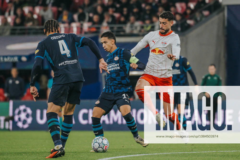Champions League, Matchday 2, RB Leipzig vs. PSV Eindhoven, October 13, 2026, starting at 9:00 p.m., Leipzig, Red Bull Arena. Pictured: 04 Armando Obispo, 40 Romulo Cardoso, 17 Mauro Junior Champions League, Matchday 2, RB Leipzig vs. PSV Eindhoven, Leipzig, Saxony, Germany
