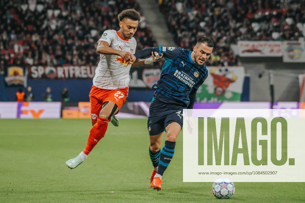 Champions League, Matchday 2, RB Leipzig vs. PSV Eindhoven, October 13, 2026, starting at 9:00 p.m., Leipzig, Red Bull Arena. Pictured: No. 27 Tidiam Gomis, No. 18 Filip Kostic. Champions League, Matchday 2, RB Leipzig vs. PSV Eindhoven, Leipzig, Saxony, Germany