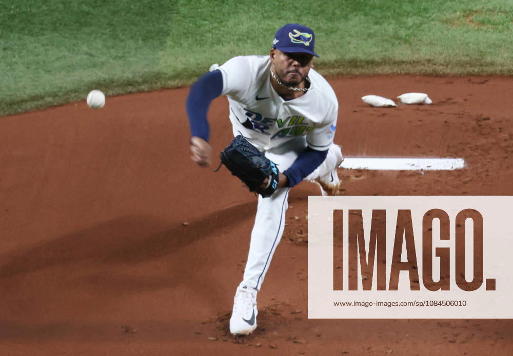 Tampa Bay Rays starting pitcher Freddy Peralta (51) throws against the Cleveland Guardians in the first inning in game two of the MLB, Baseball Herren, USA American League Championship Series playoffs at Tropicana Field in St Petersburg, Florida, on Tuesday, October 13, 2026. TPB20261013701 GARYxBOGDON
