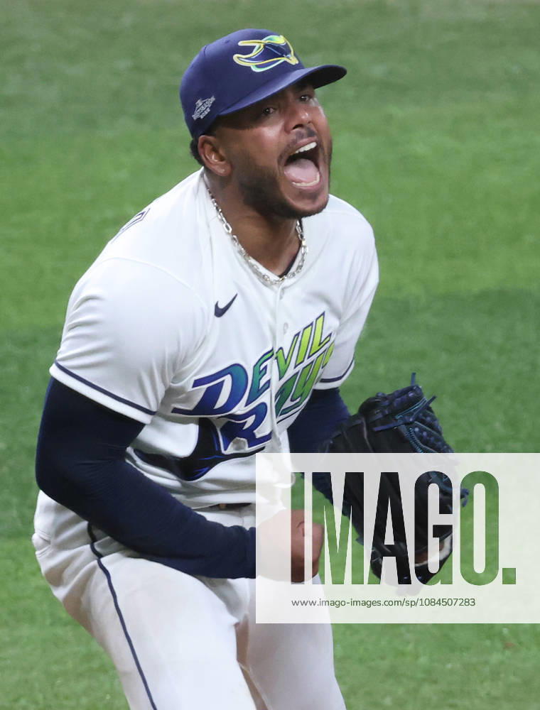 Tampa Bay Rays pitcher Freddy Peralta (51) celebrates after striking out Cleveland Guardians Petey Halpin for the last out in the sixth inning in game two of the MLB, Baseball Herren, USA American League Championship Series playoffs at Tropicana Field in St Petersburg, Florida, on Tuesday, October 13, 2026. TPB20261013726 GARYxBOGDON