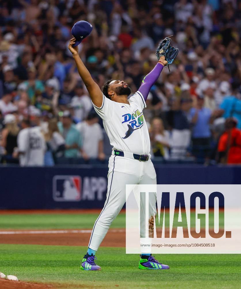 Tampa Bay Rays third baseman JUNIOR CAMINERO (13) celebrates, when the Rays defeat the Cleveland Guardians, 3-1, during the end of the game at Tropicana Field on Tuesday, Oct. 13, 2026, in St. Petersburg. Rays won Game 2: 3:1. MLB, Baseball Herren, USA 2026: Tampa Bay Rays 3:1 Cleveland Guardians - ZUMAs70_ 20261013_zan_s70_114