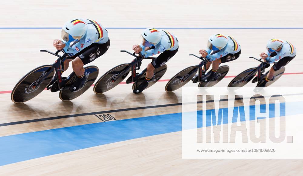 Belgian Tuur Dens; Belgian Noah Vandenbranden; Belgian Gianluca Pollefliet are Belgian Witse Bertels are pictured in action during the Mens Team Pursuit event at the UCI Track cycling, Rad, Radsport, Bahnrad, Bahn World Championships in Shanghai, China on Wednesday 14 October 2026. The worlds are taking place from 14 to 18 October 2026. BENOITxDOPPAGNE x189757210x