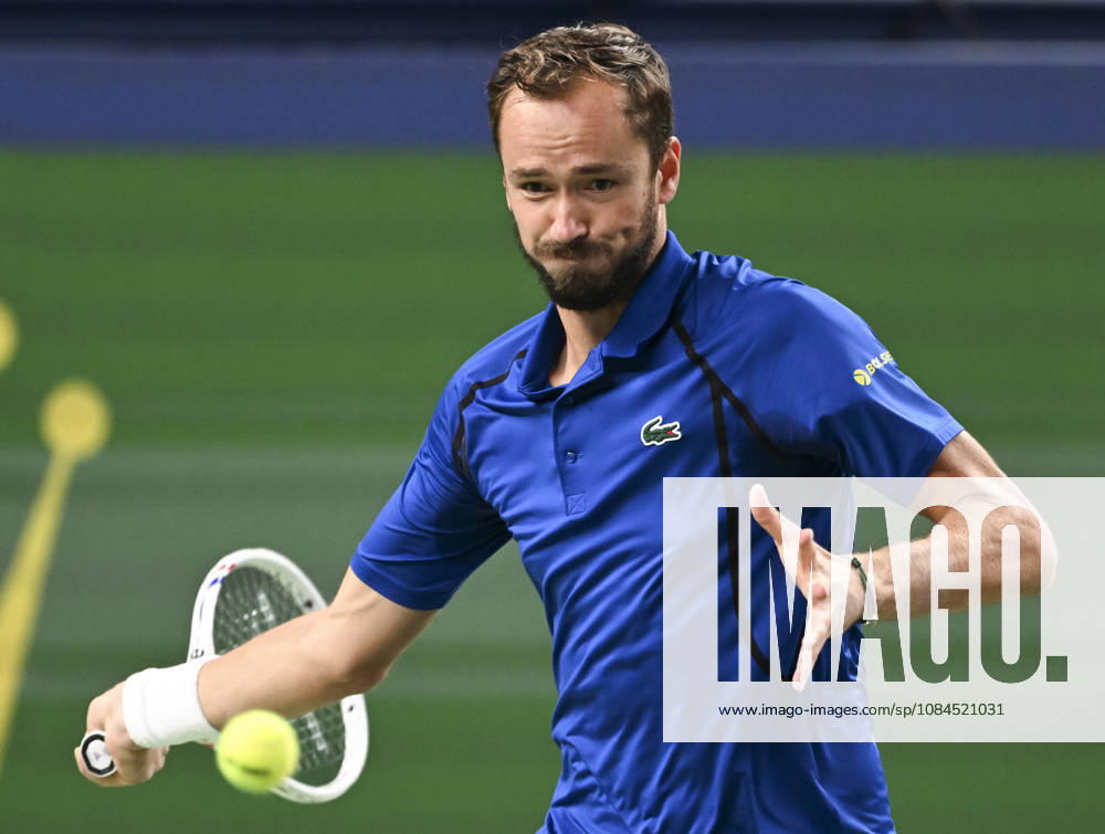 (261014) -- SHANGHAI, Oct. 14, 2026 -- Daniil Medvedev of Russia hits a return during the men s round of 16 match against Stefanos Tsitsipas of Greece at the 2026 ATP, Tennis Herren tour Shanghai Masters tennis tournament in Shanghai, China, Oct. 14, 2026. ) (SP)CHINA-SHANGHAI-TENNIS-SHANGHAI MASTERS-MEN S SINGLES (CN) ChenxHaoming