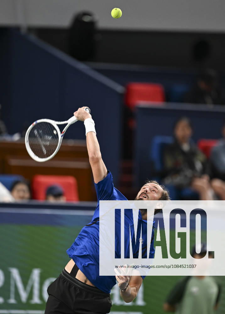 (261014) -- SHANGHAI, Oct. 14, 2026 -- Daniil Medvedev of Russia serves during the men s round of 16 match against Stefanos Tsitsipas of Greece at the 2026 ATP, Tennis Herren tour Shanghai Masters tennis tournament in Shanghai, China, Oct. 14, 2026. ) (SP)CHINA-SHANGHAI-TENNIS-SHANGHAI MASTERS-MEN S SINGLES (CN) ChenxHaoming