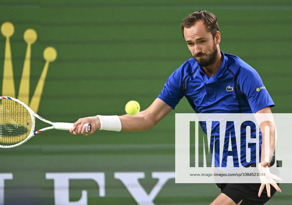 (261014) -- SHANGHAI, Oct. 14, 2026 -- Daniil Medvedev of Russia hits a return during the men s round of 16 match against Stefanos Tsitsipas of Greece at the 2026 ATP, Tennis Herren tour Shanghai Masters tennis tournament in Shanghai, China, Oct. 14, 2026. ) (SP)CHINA-SHANGHAI-TENNIS-SHANGHAI MASTERS-MEN S SINGLES (CN) ChenxHaoming