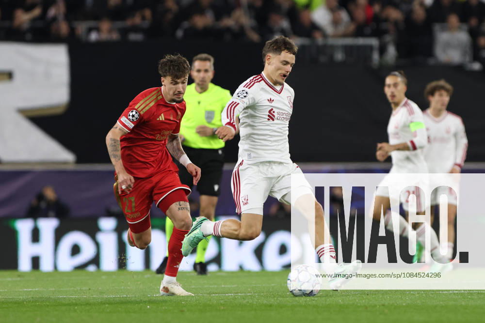Christoph Lang of LASK and Florian Wirtz of Liverpool during the UEFA Champions League league phase matchday 2 match between LASK and Liverpool at Oberoesterreich Arena on October 14, 2026 in Linz, Austria. (Photo by Severin Aichbauer Sports Press Photo SPP)