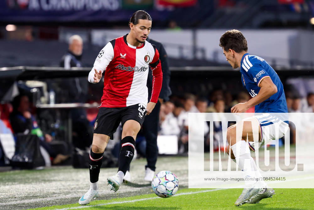 2026-10-14 Feyenoord v Como - UEFA Champions League, league phase, matchday 2 ROTTERDAM, NETHERLANDS - OCTOBER 14: Anis Hadj Moussa of Feyenoord is challenged during the UEFA Champions League, league phase, matchday 2 match between Feyenoord and Como at Stadion Feijenoord on October 14, 2026 in Rotterdam, Netherlands. Rotterdam Stadion Feijenoord Netherlands Content not available for redistribution in The Netherlands directly or indirectly through any third parties.