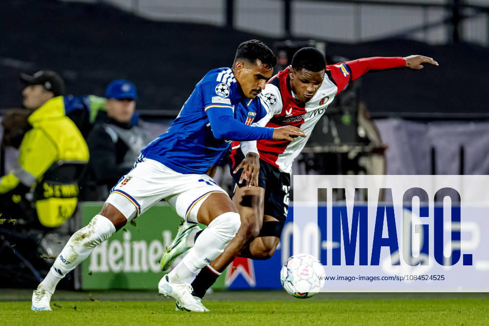 ROTTERDAM: Como defender Kaiki Bruno and Feyenoord defender Givairo Read during the UEFA Champions League match between Feyenoord and Como at De Kuip on October 14, 2026, in Rotterdam, the Netherlands. Photo by DeFodi Images