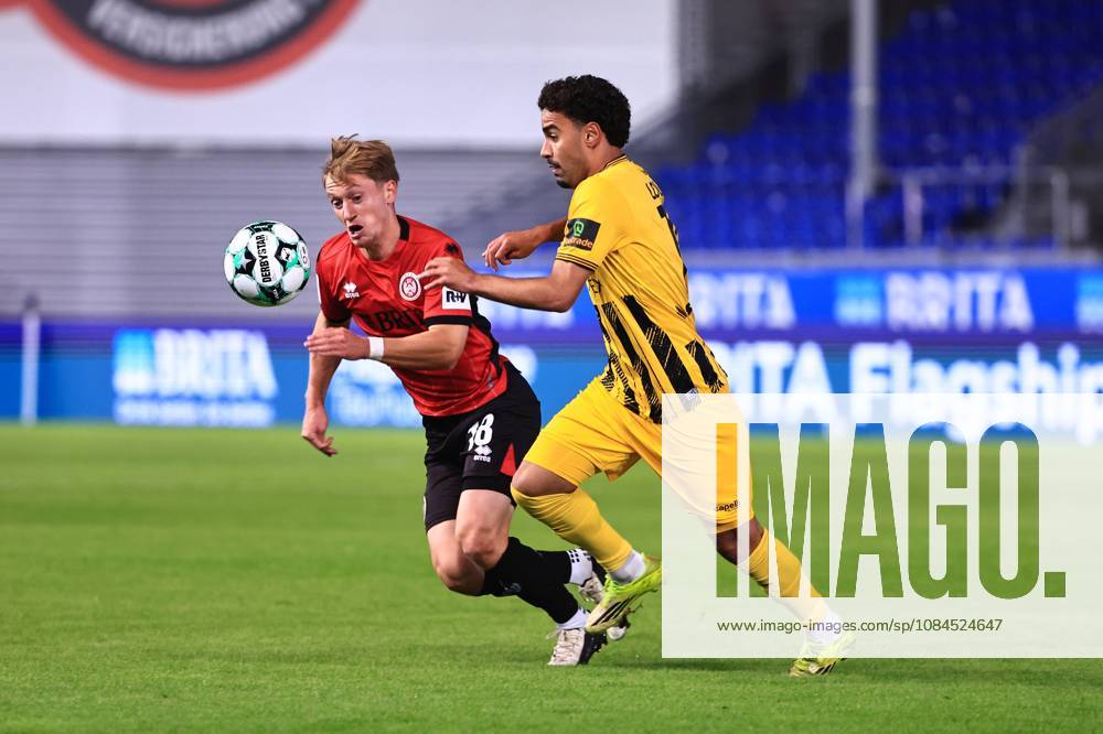 Fabian Greilinger (SV Wehen Wiesbaden, No. 18) in a tackle with Mehdi Loune (Alemannia Aachen, No. 10), SV Wehen Wiesbaden vs. Alemannia Aachen, soccer, 3. Liga, Matchday 9, 2026–2027 season, October 14, 2026 DFB regulations prohibit any use of photographs as image sequences and or quasi-video GER, SV Wehen Wiesbaden vs. Alemannia Aachen, soccer, 3rd Division, Matchday 9, 2026–2027 season, October 14, 2026, Wiesbaden