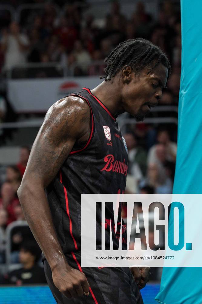 Bamberg, Germany, October 14, 2026; 2026–2027 Basketball Champions League; Group Stage; Group D; Matchday 2; Bamberg Baskets vs. UCAM Murcia; Pictured: Trevon Scott of Bamberg celebrating with gestures and shouts at the Brose Arena in Bavaria