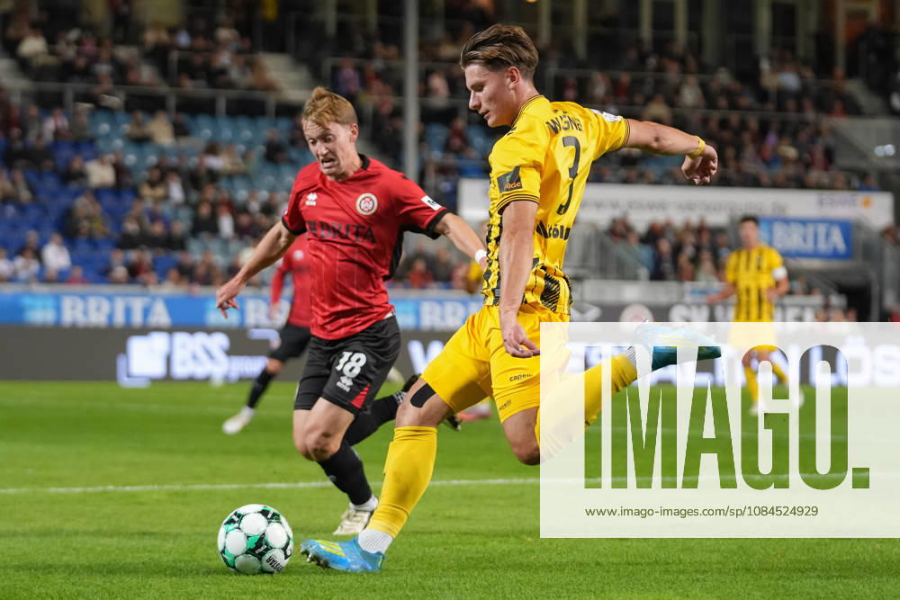 Germany Soccer 3rd Division 2026–2027, Matchday 9: SV Wehen Wiesbaden vs. TSV Alemannia Aachen at Brita Arena, Wiesbaden; Fabian Greilinger (SVWW), 18, in a tackle with Matti Wagner (TSV), 3