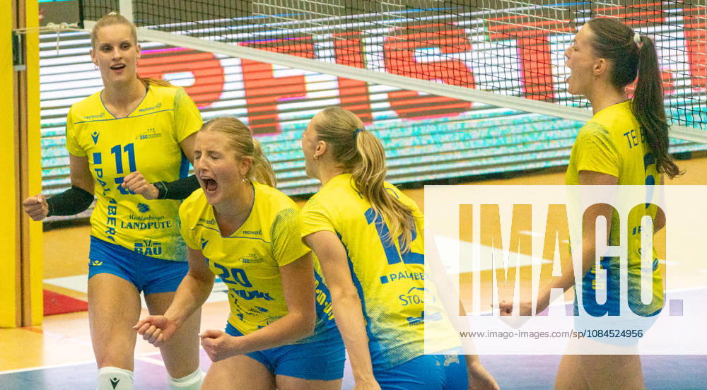 Volleyball, Women, VBL, 1st VBL, 1st Volleyball Bundesliga, 2026–27 Season, Matchday 1, SSC Palmberg Schwerin vs. Dresdner SC, Anne Hölzig of SSC Palmberg Schwerin (left), Jet Kok of SSC Palmberg Schwerin (second from left), Hannah Kohn of SSC Palmberg Schwerin (second from right), and Marjie ten Brinke of SSC Palmberg Schwerin (right) celebrate at the Schwerin Palmberg Arena in Mecklenburg-Western Pomerania, Germany