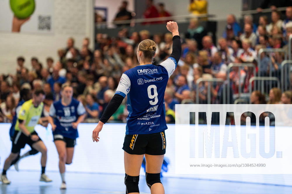 HSG Blomberg Lippe GER vs. HC Leipzig GER, Handball, Women s Handball Bundesliga 1, Matchday 6, 2026–2027 Season, Blomberg, October 14, 2026—Nieke Kuehne of HSG Blomberg Lippe, No. 09, celebrates after scoring a goal at the Blomberg Synflex Arena on Ulmenallee, Germany