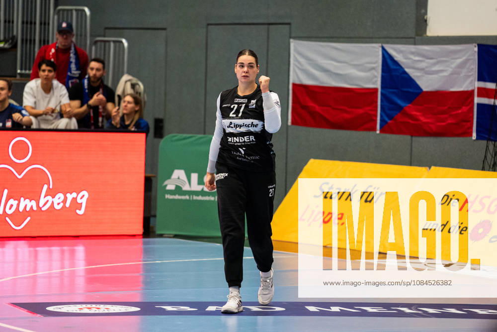 HSG Blomberg Lippe GER vs. HC Leipzig GER, Handball, Women s Handball Bundesliga 1, Matchday 6, 2026–2027 Season, Blomberg, October 14, 2026—Lara Lepschi of HSG Blomberg Lippe, 27, celebrates after a save at the Blomberg Synflex Arena on Ulmenallee, Germany
