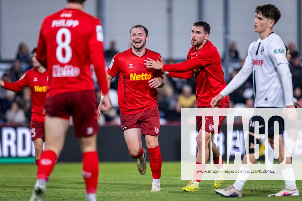 L R Lucas Hermes (SSV Jahn Regensburg), 27, celebrates the goal that made it 0–1 with Oscar Schoenfelder (SSV Jahn Regensburg), 07 (right) GER, SC Verl vs. SSV Jahn Regensburg, soccer, 3rd League, Matchday 9, 2026–2027 season, October 14, 2026 DFL regulations prohibit any use of photographs as image sequences and or quasi-video GER, SC Verl vs. SSV Jahn Regensburg, soccer, 3. Liga, Matchday 9, 2026–2027 season, October 14, 2026, Verl