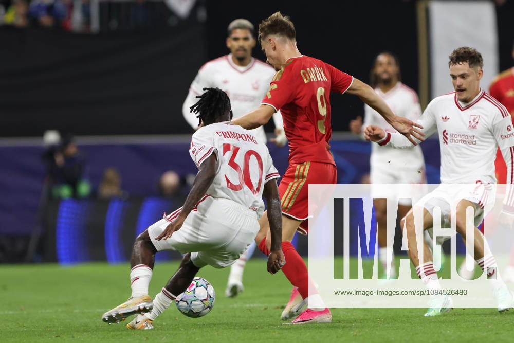 Jeremie Frimpong of Liverpool and Krystof Danek of LASK during the UEFA Champions League league phase matchday 2 match between LASK and Liverpool at Oberoesterreich Arena on October 14, 2026 in Linz, Austria. (Photo by Severin Aichbauer Sports Press Photo SPP)