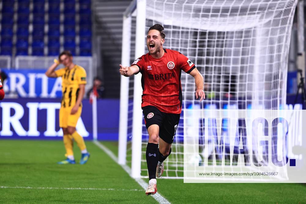 Lukas Schleimer of SV Wehen Wiesbaden (07) celebrates his goal to make it 1–0 against Alemannia Aachen (GER), SV Wehen Wiesbaden vs. Alemannia Aachen, Soccer, 3. Liga, Matchday 9, 2026–2027 season, October 14, 2026 DFB regulations prohibit any use of photographs as image sequences and or quasi-video, GER, SV Wehen Wiesbaden vs. Alemannia Aachen, Soccer, 3rd Division, Matchday 9, 2026–2027 Season, October 14, 2026, Wiesbaden