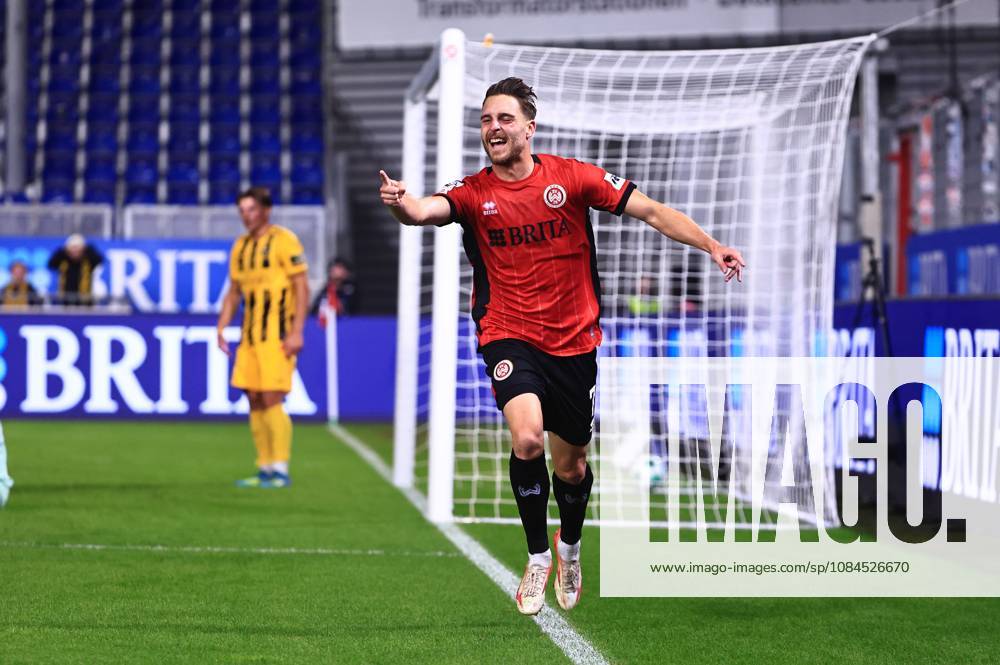 Lukas Schleimer of SV Wehen Wiesbaden (07) celebrates his goal to make it 1–0 against Alemannia Aachen (GER), SV Wehen Wiesbaden vs. Alemannia Aachen, Soccer, 3. Liga, Matchday 9, 2026–2027 season, October 14, 2026 DFB regulations prohibit any use of photographs as image sequences and or quasi-video, GER, SV Wehen Wiesbaden vs. Alemannia Aachen, Soccer, 3rd Division, Matchday 9, 2026–2027 Season, October 14, 2026, Wiesbaden