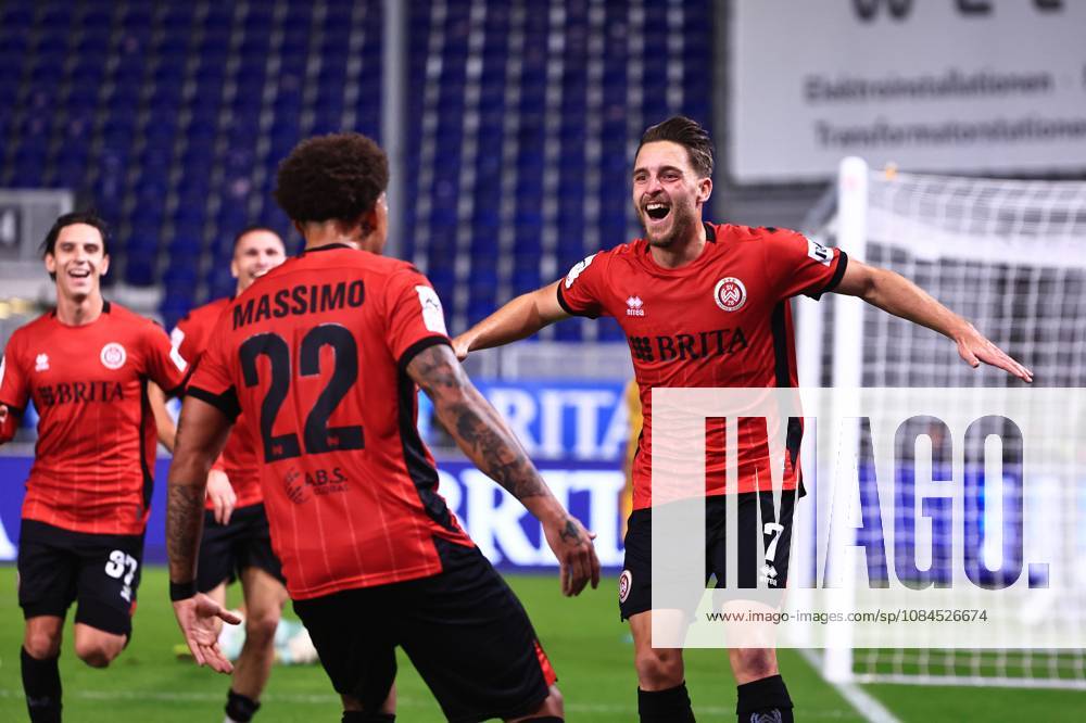 Lukas Schleimer, SV Wehen Wiesbaden, No. 07, right, celebrates his goal to make it 1–0 against Alemannia Aachen with Roberto Massimo of SV Wehen Wiesbaden, No. 22, center GER, SV Wehen Wiesbaden vs. Alemannia Aachen, soccer, 3rd Division, Matchday 9, 2026–2027 season, October 14, 2026 DFB regulations prohibit any use of photographs as image sequences and or quasi-video GER, SV Wehen Wiesbaden vs. Alemannia Aachen, soccer, 3rd League, Matchday 9, 2026–2027 season, October 14, 2026, Wiesbaden