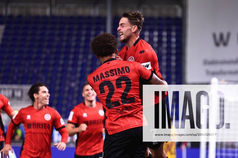Lukas Schleimer, SV Wehen Wiesbaden, No. 07, right, celebrates his goal to make it 1–0 against Alemannia Aachen with Roberto Massimo of SV Wehen Wiesbaden, No. 22, center GER, SV Wehen Wiesbaden vs. Alemannia Aachen, soccer, 3rd Division, Matchday 9, 2026–2027 season, October 14, 2026 DFB regulations prohibit any use of photographs as image sequences and or quasi-video GER, SV Wehen Wiesbaden vs. Alemannia Aachen, soccer, 3rd League, Matchday 9, 2026–2027 season, October 14, 2026, Wiesbaden