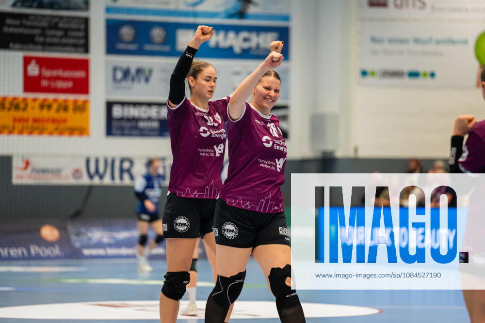 HSG Blomberg Lippe (GER) vs. HC Leipzig (GER), Handball, Women s Handball Bundesliga 1, Matchday 6, 2026–2027 Season, Blomberg, October 14, 2026—Marlene Tucholke (HC Leipzig, 23) and Jasmin Eckart (HC Leipzig, 18) celebrate after scoring a goal at the Blomberg Synflex Arena on Ulmenallee, Germany
